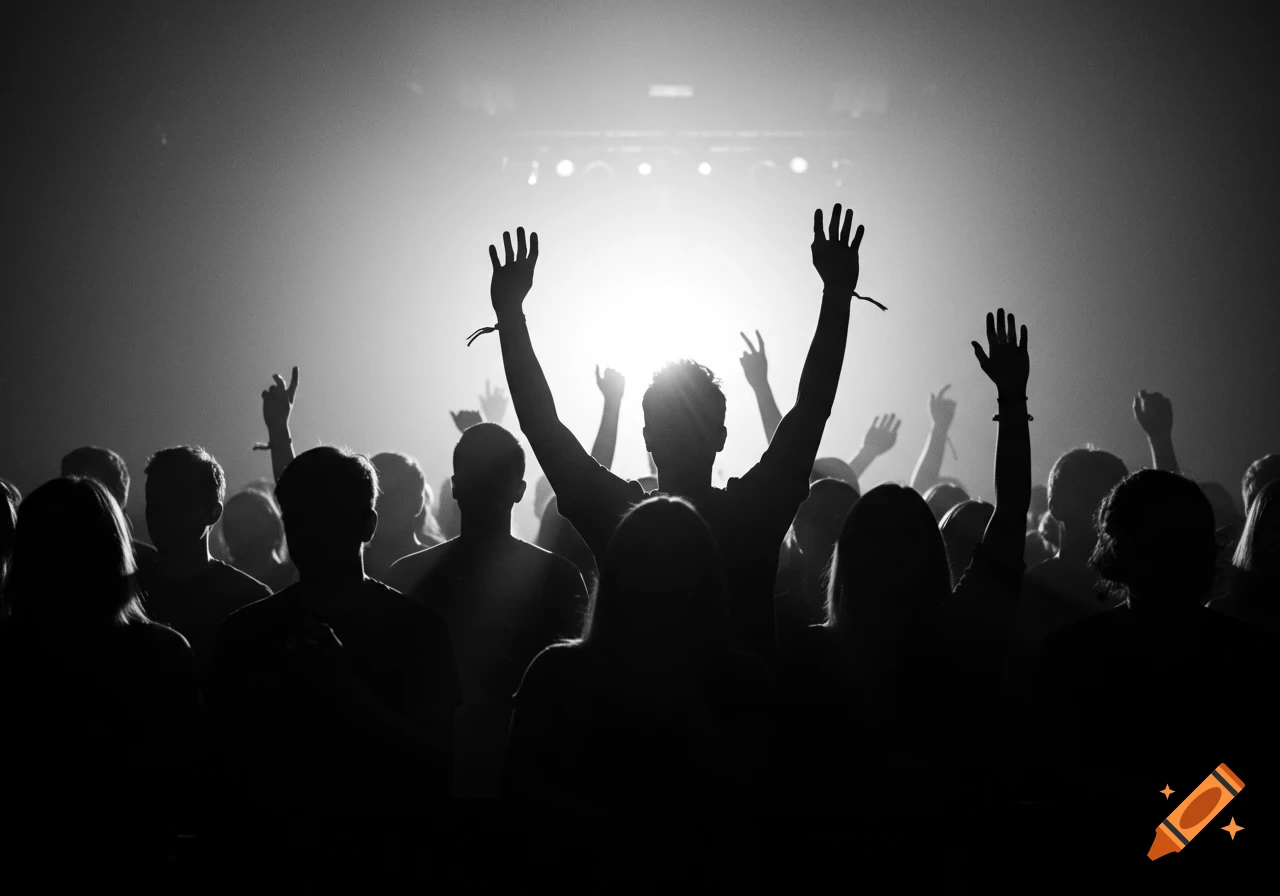 Monochrome silhouette of a crowd with raised hands at a concert, backlit by stage lights.