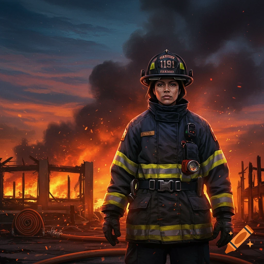 A female firefighter stands resolute in front of a raging fire and burning structures, looking directly ahead, realistic art style.