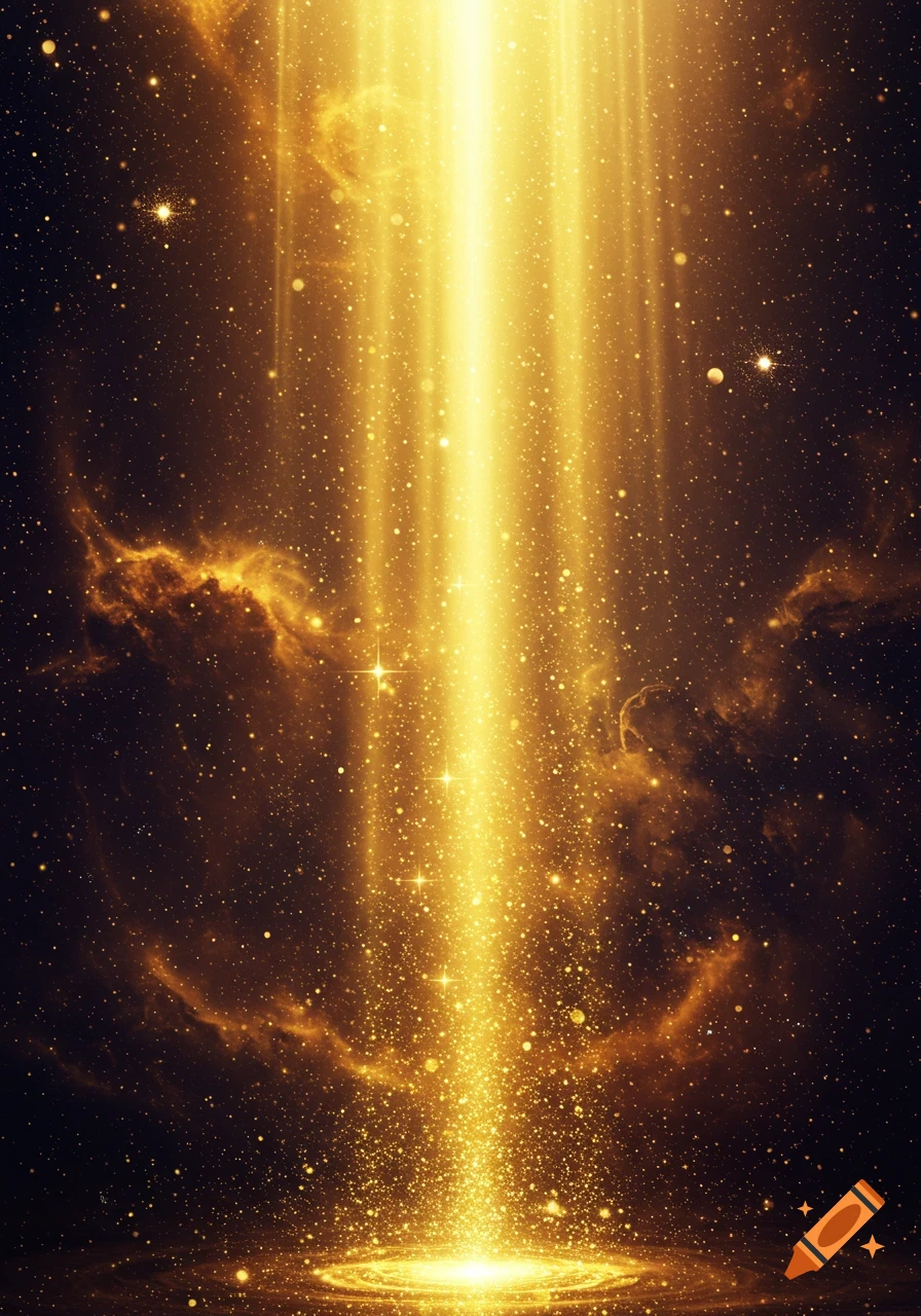 A radiant golden light beam descends through a dark, star-filled cosmic sky with sparkling golden particles and ethereal nebulae.