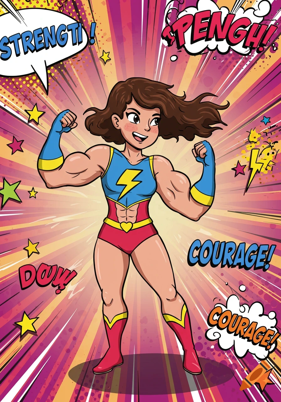 A strong cartoon superhero girl with brown hair in a blue and red costume flexing, set against a vibrant comic book pop art background with text like 'STRENGTH!' and 'COURAGE!'.