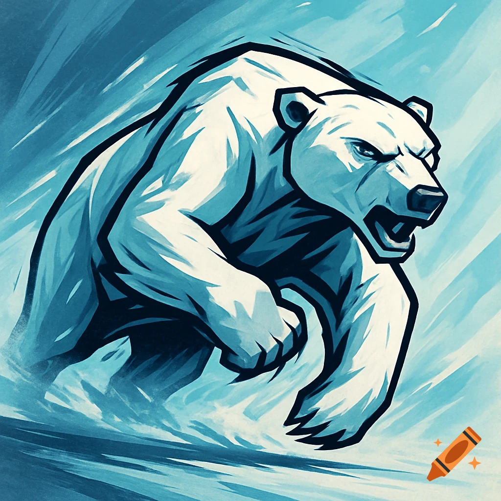 A stylized polar bear in a sports logo style, charging forward with an open mouth, rendered in shades of white, black, and blue.