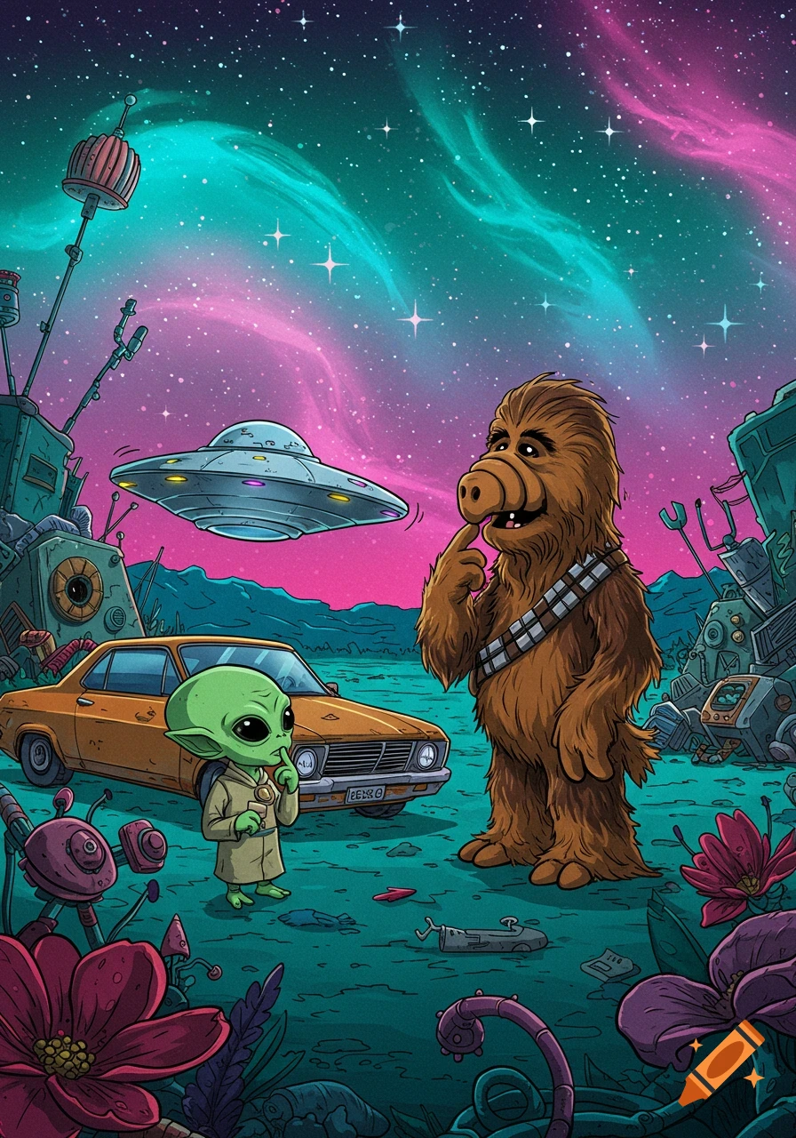 Cartoon illustration of Alf and a Yoda-like alien with an orange car and a UFO in a vibrant cosmic landscape.