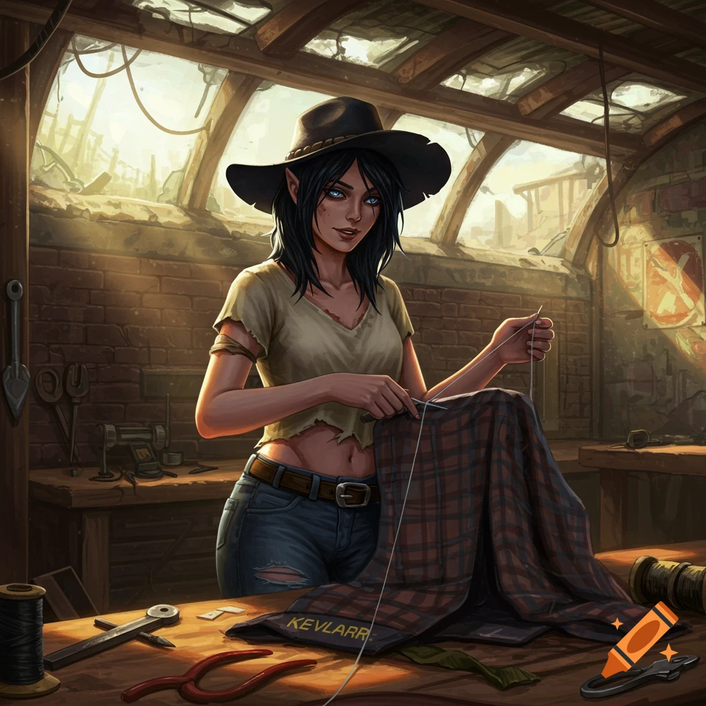 A black-haired woman with blue eyes and a cowboy hat sews Kevlar lining into a plaid shirt in a post-apocalyptic workshop.