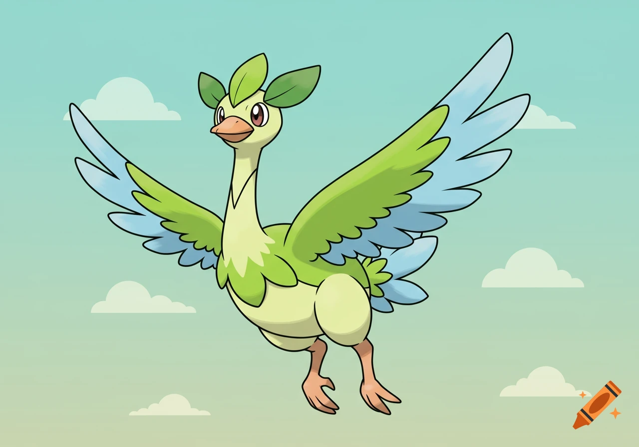 A green and blue bird-like Pokemon with leaf-like ears flies in a light blue sky with clouds, in a cartoon style.