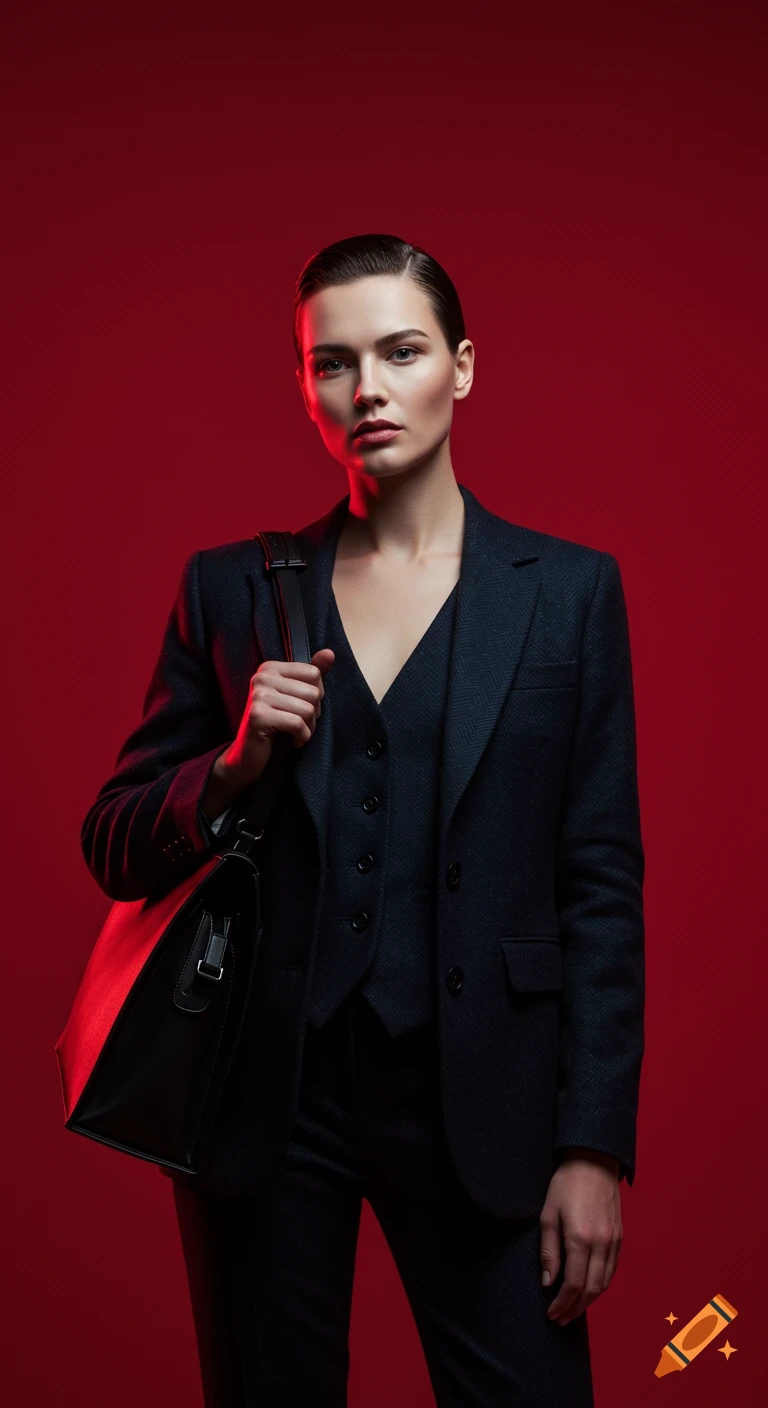 A woman with slicked-back hair wears a dark suit and vest, carrying a black bag, illuminated by dramatic red light.