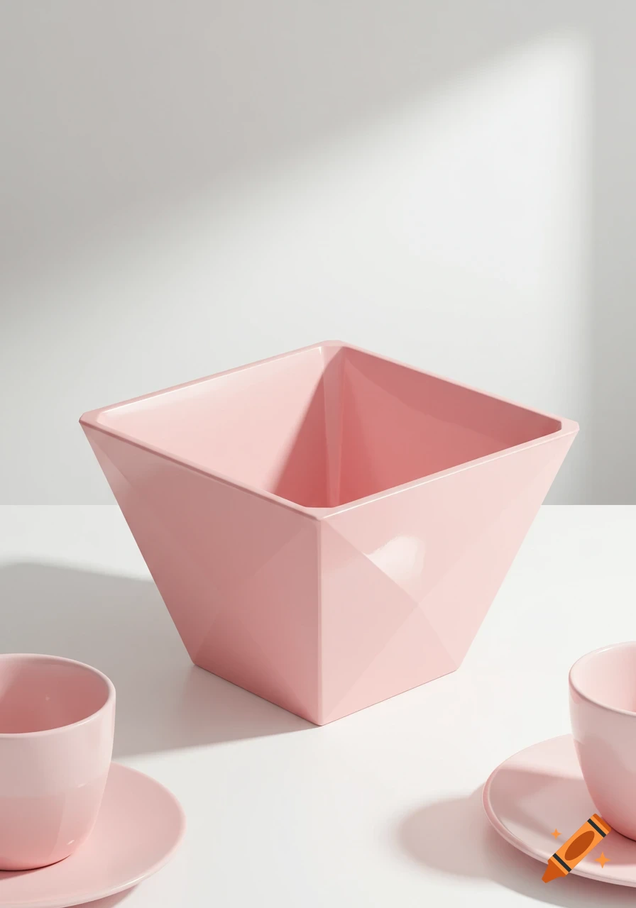 A pink geometric bowl on a white surface with two matching cups in a minimalist style.