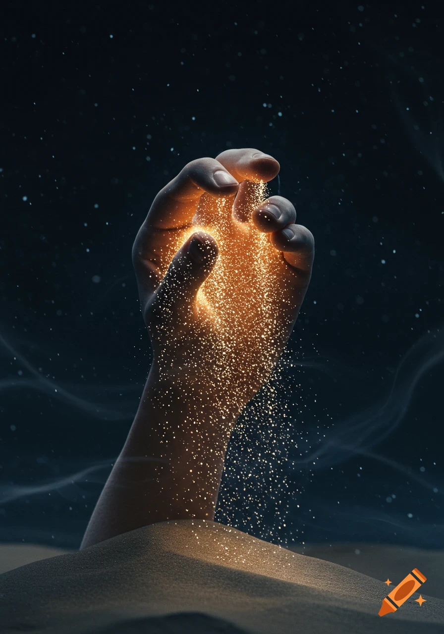 A hand emerges from sand, letting glowing, star-like sand trickle from its grasp against a dark, blurry background.