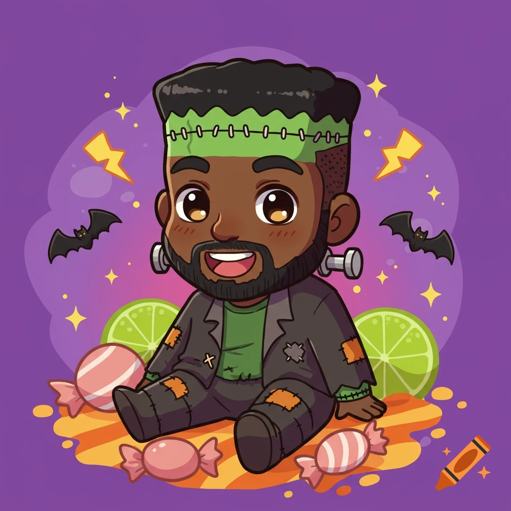 Cute chibi black man in a Frankenstein costume with a beard, sitting among candy and bats on a purple background.