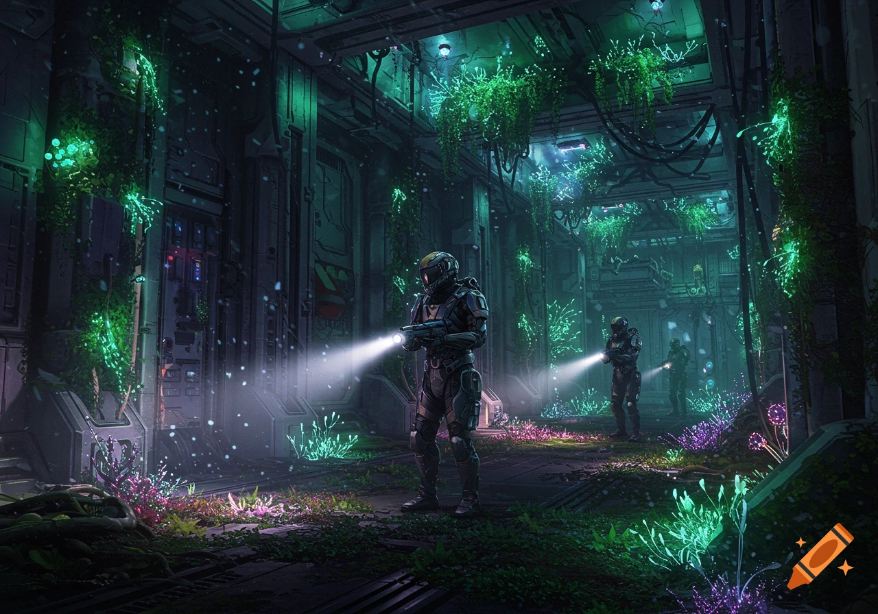 Two armed astronauts explore a dark, overgrown sci-fi bunker with glowing green and purple alien plants.