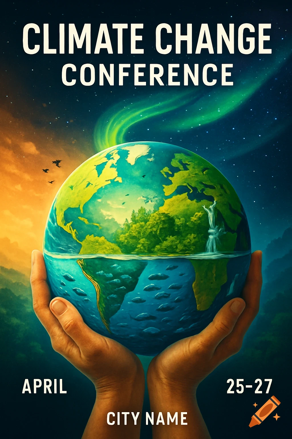 A vibrant poster for a Climate Change Conference showing hands holding a half-submerged Earth, with 'CLIMATE CHANGE CONFERENCE' text.
