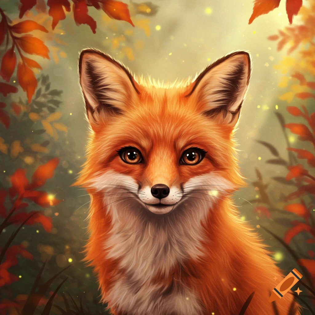 A vibrant, stylized red fox with large eyes looks forward in an autumnal forest with glowing bokeh.