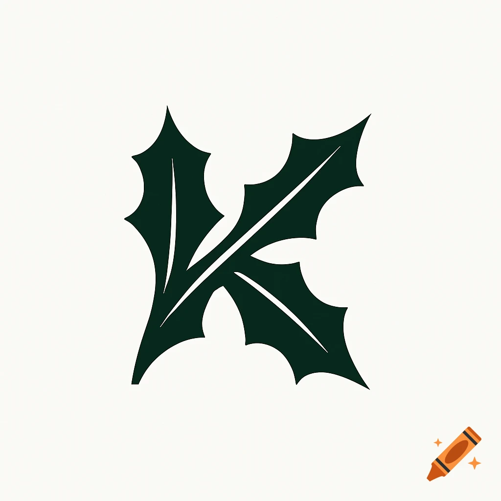 A minimalist logo of stylized dark green holly leaves forming the letter 'K' on a white background.