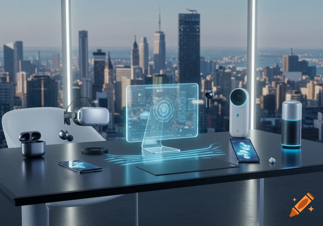 Futuristic gadgets on a desk including a VR headset, smart speakers, phones, and a holographic screen, overlooking a city skyline.