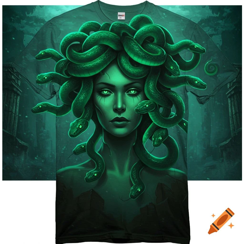 A fantasy illustration of Medusa with glowing green snakes for hair and green eyes, on a dark green t-shirt.