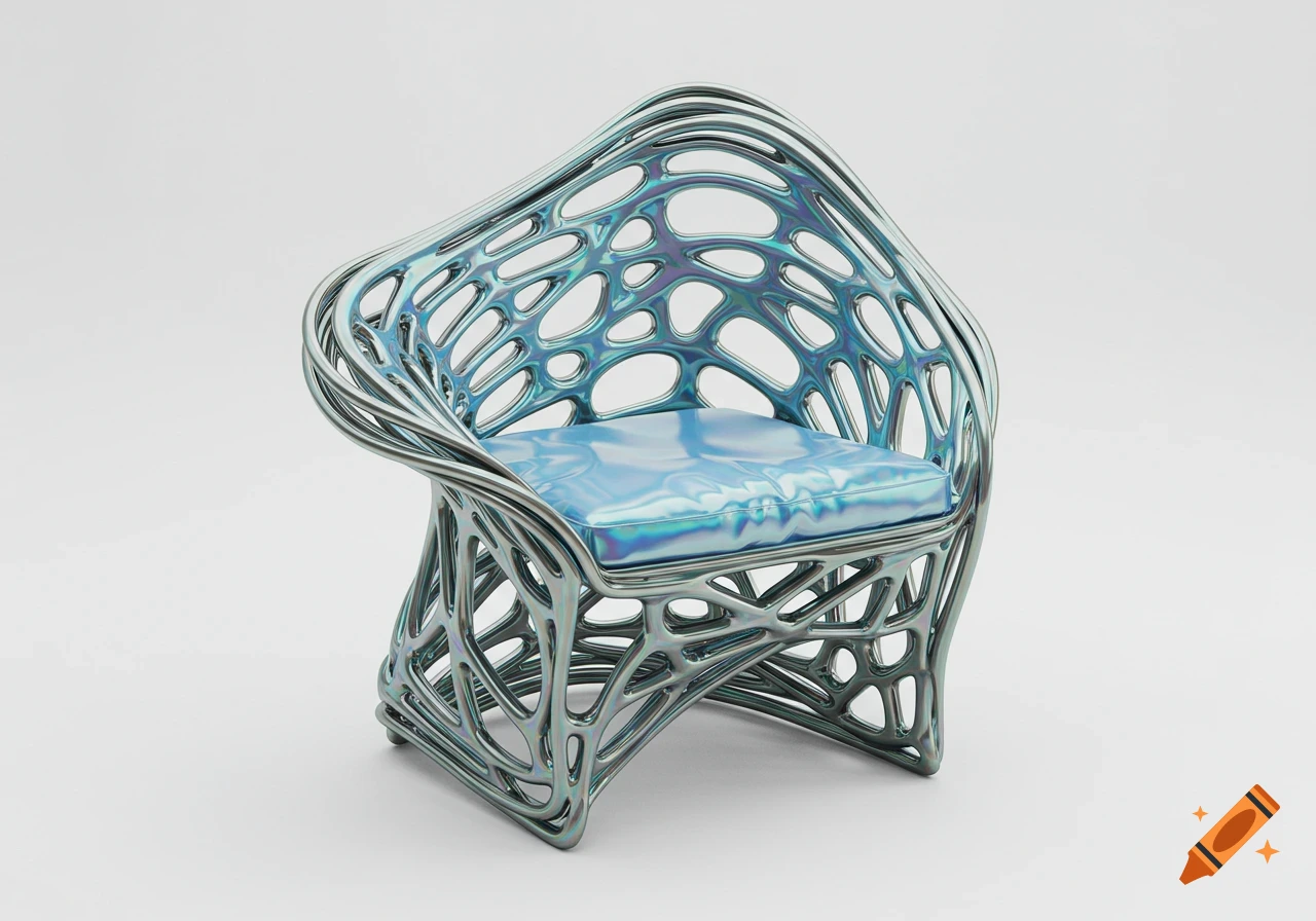 A modern chair with a complex, iridescent, open-webbed frame made of interwoven wavy tubes, featuring a shiny light blue cushion, on a white background.