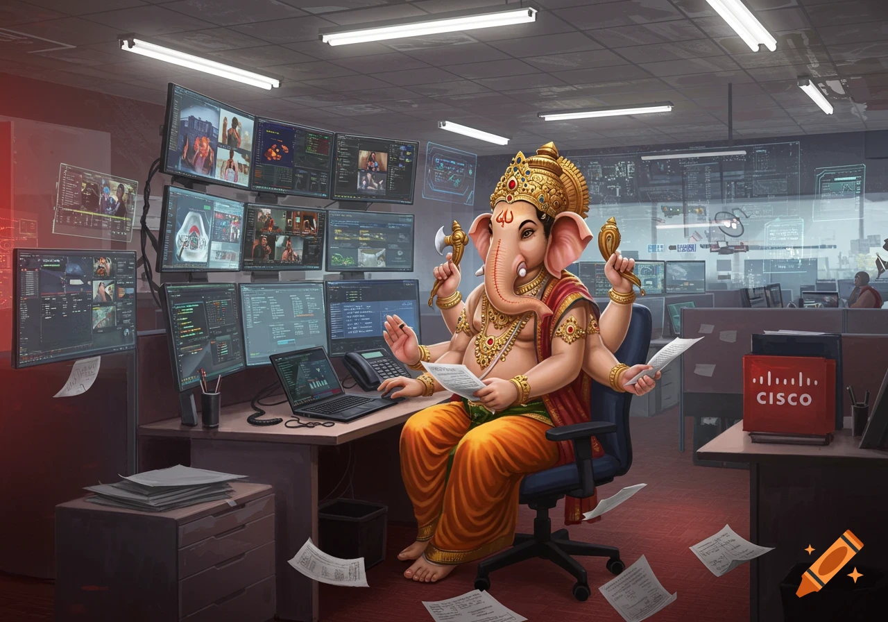 Ganesha, the elephant-headed deity with multiple arms, sits at a desk in a bustling, modern office, surrounded by many computer monitors and scattered papers, appearing overwhelmed.