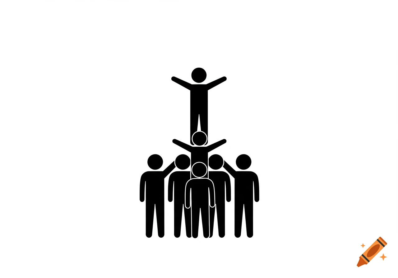 Black minimalist pictogram of stick figures forming a two-tier human pyramid against a white background.