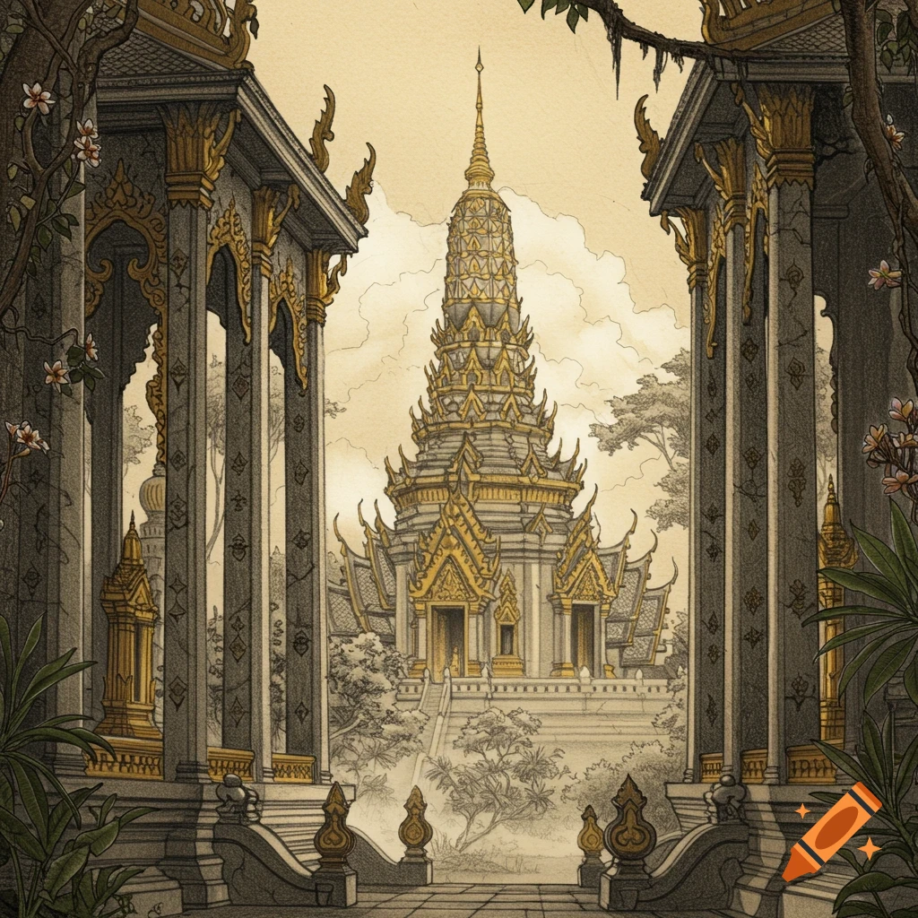 Detailed illustration of an ornate Thai temple with golden spires, framed by dark pillars and lush foliage in sepia tones.