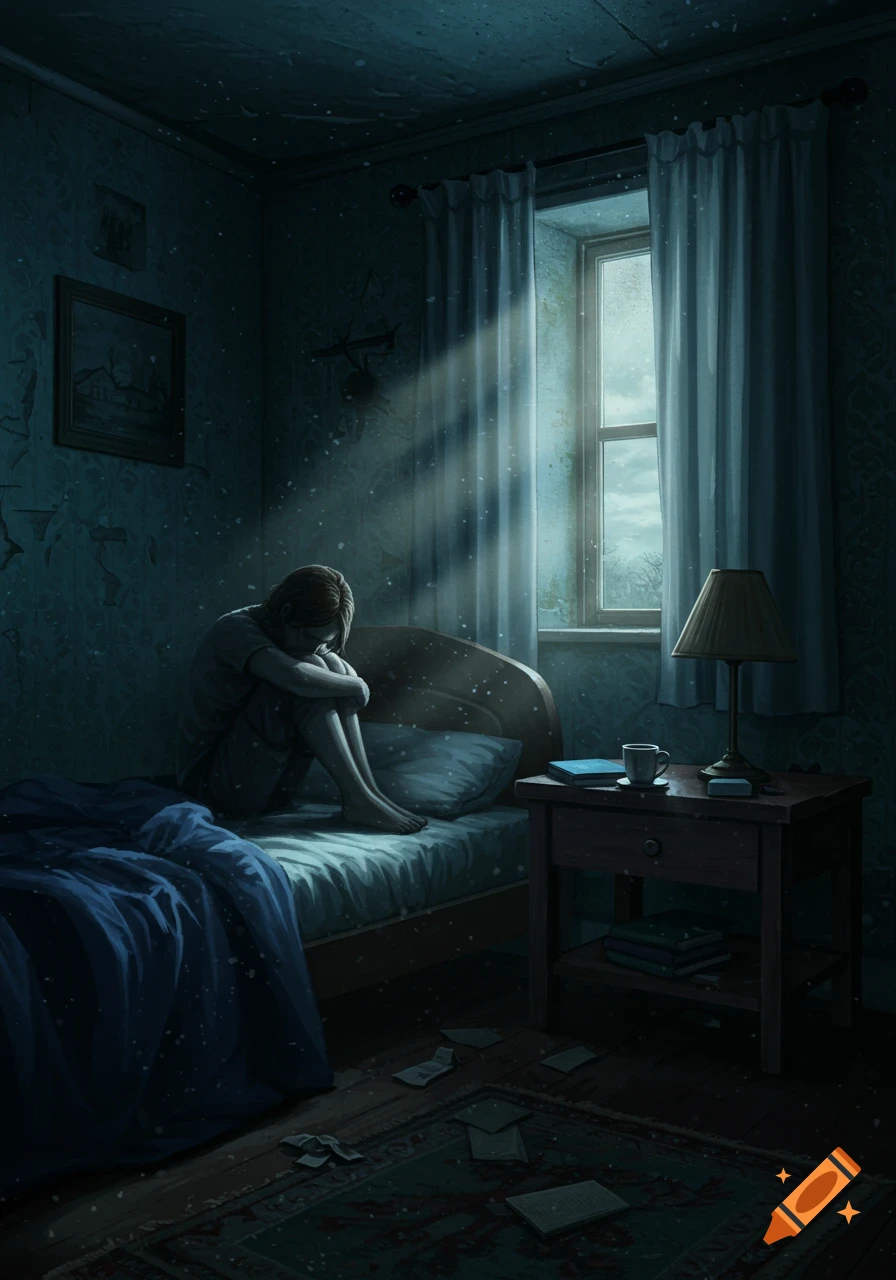 An illustration of a person sitting hunched on a bed in a dark, somber room with light from a window.