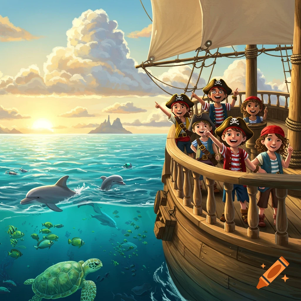 Cartoon illustration of pirate children on a ship, smiling and pointing at the horizon. Dolphins, a sea turtle, and fish swim in the clear blue ocean. A vibrant sunset illuminates the sky with distinctive clouds.