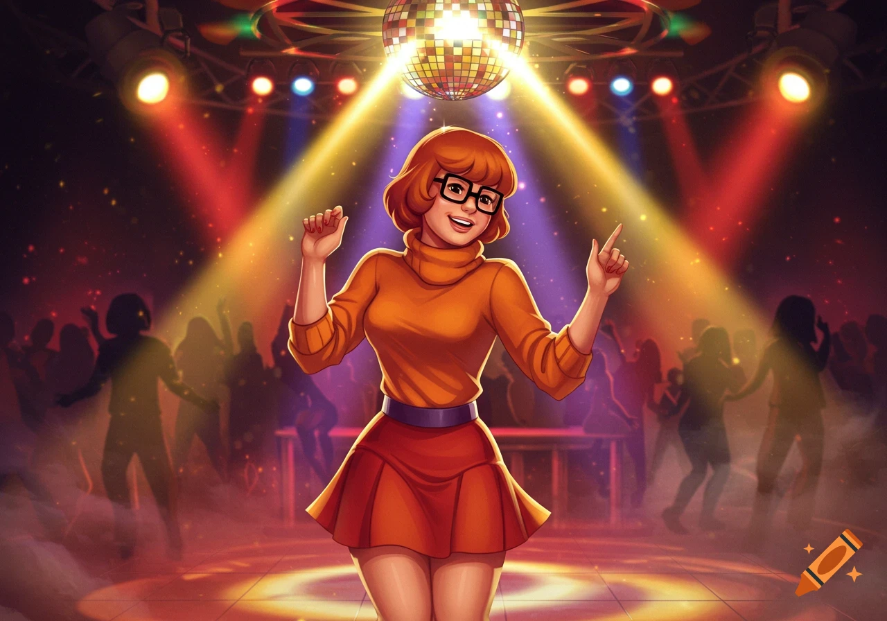 Velma Dinkley dancing in a vibrant disco with a disco ball and colorful spotlights.