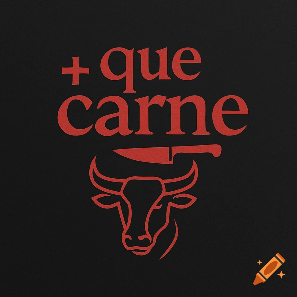 Red minimalist logo on a black background featuring the text '+ que carne', a bull's head, and a knife.
