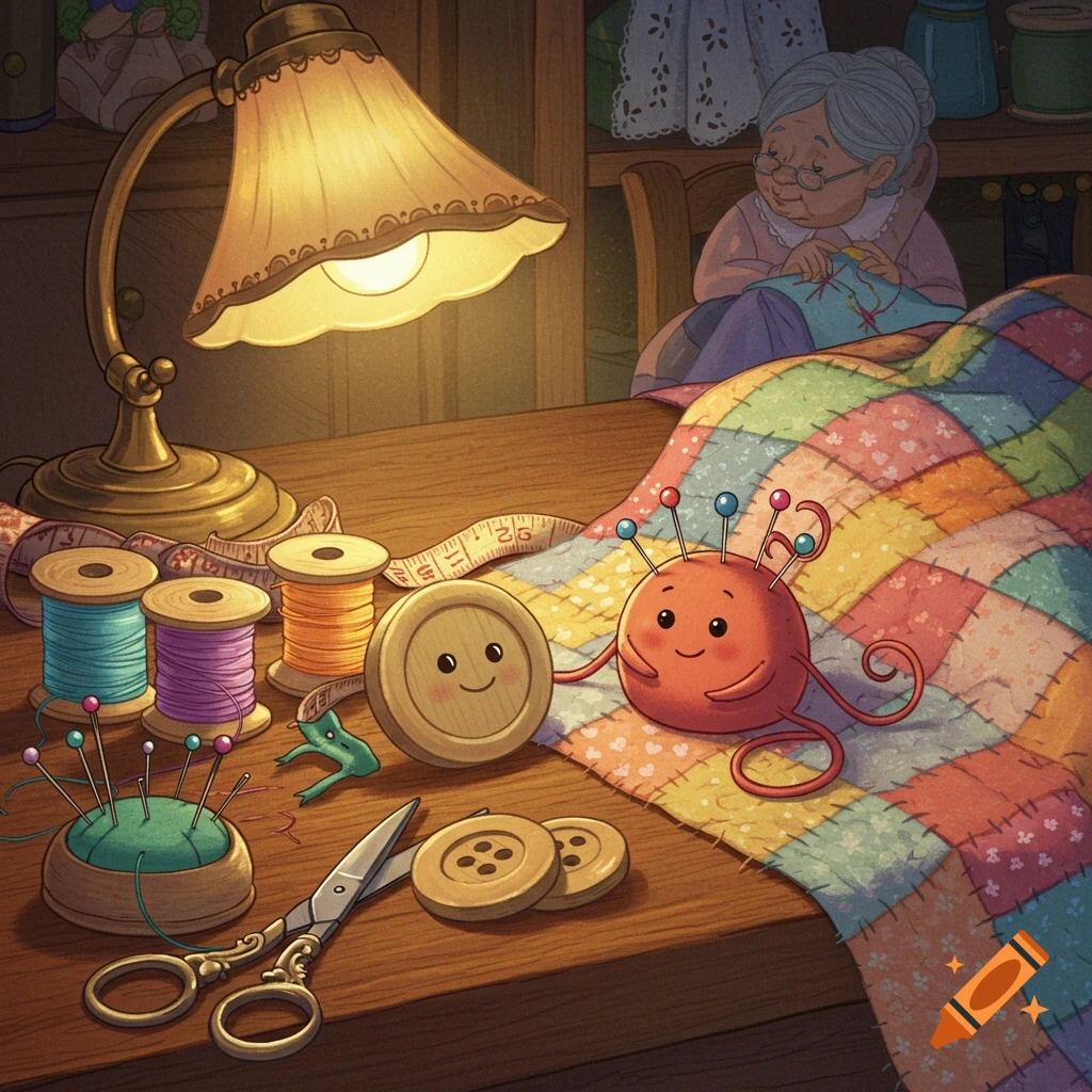 A cozy children's illustration of animated sewing tools, a button and thread ball, on a table next to a quilt, with a grandma sewing in the background.