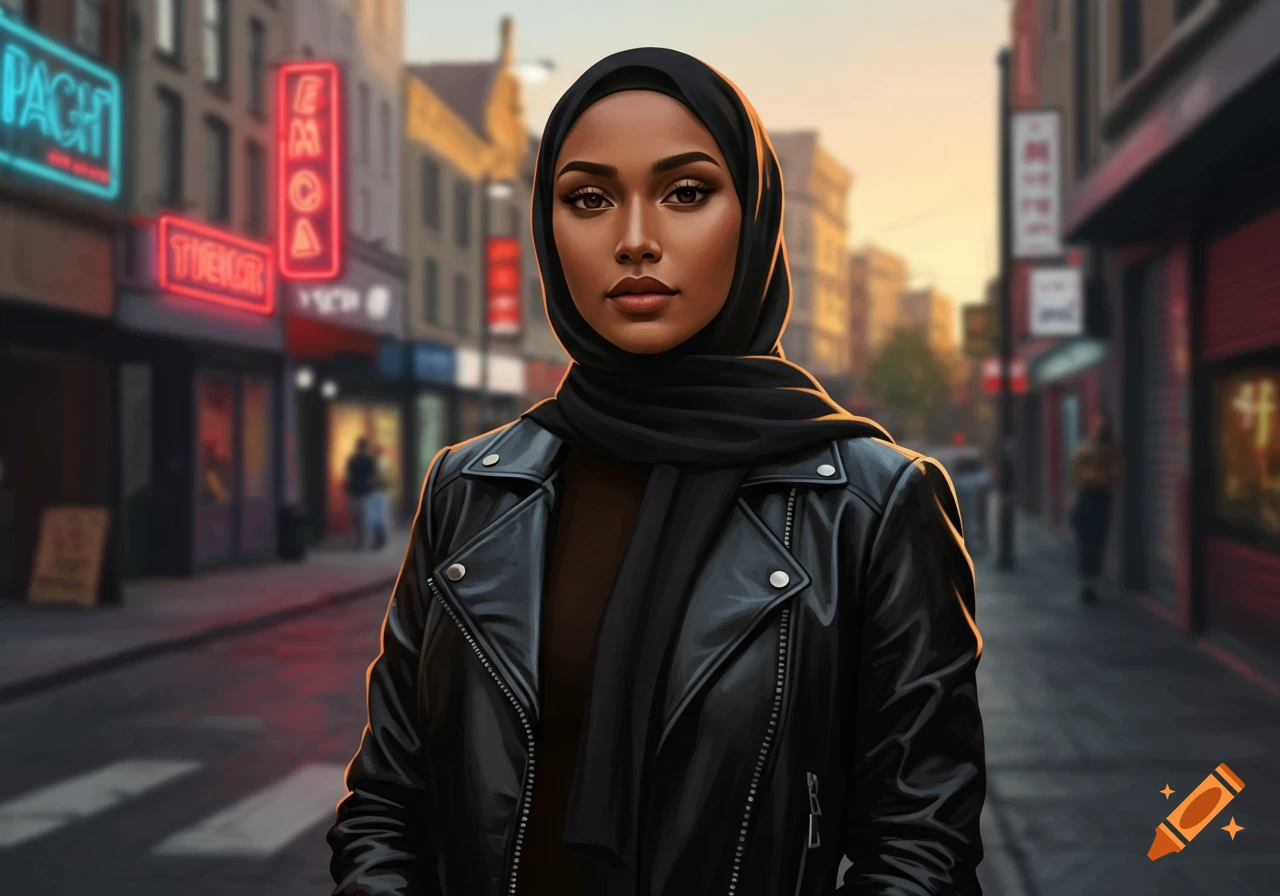 A woman with dark skin wears a black hijab and leather jacket, posing on a blurred city street with neon signs at sunset.
