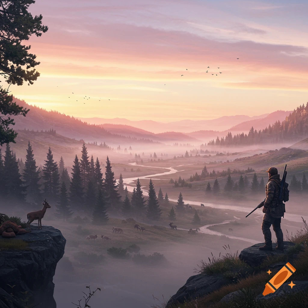 A hunter overlooks a misty, forested valley filled with deer at sunrise, with a winding river and mountains in the background.
