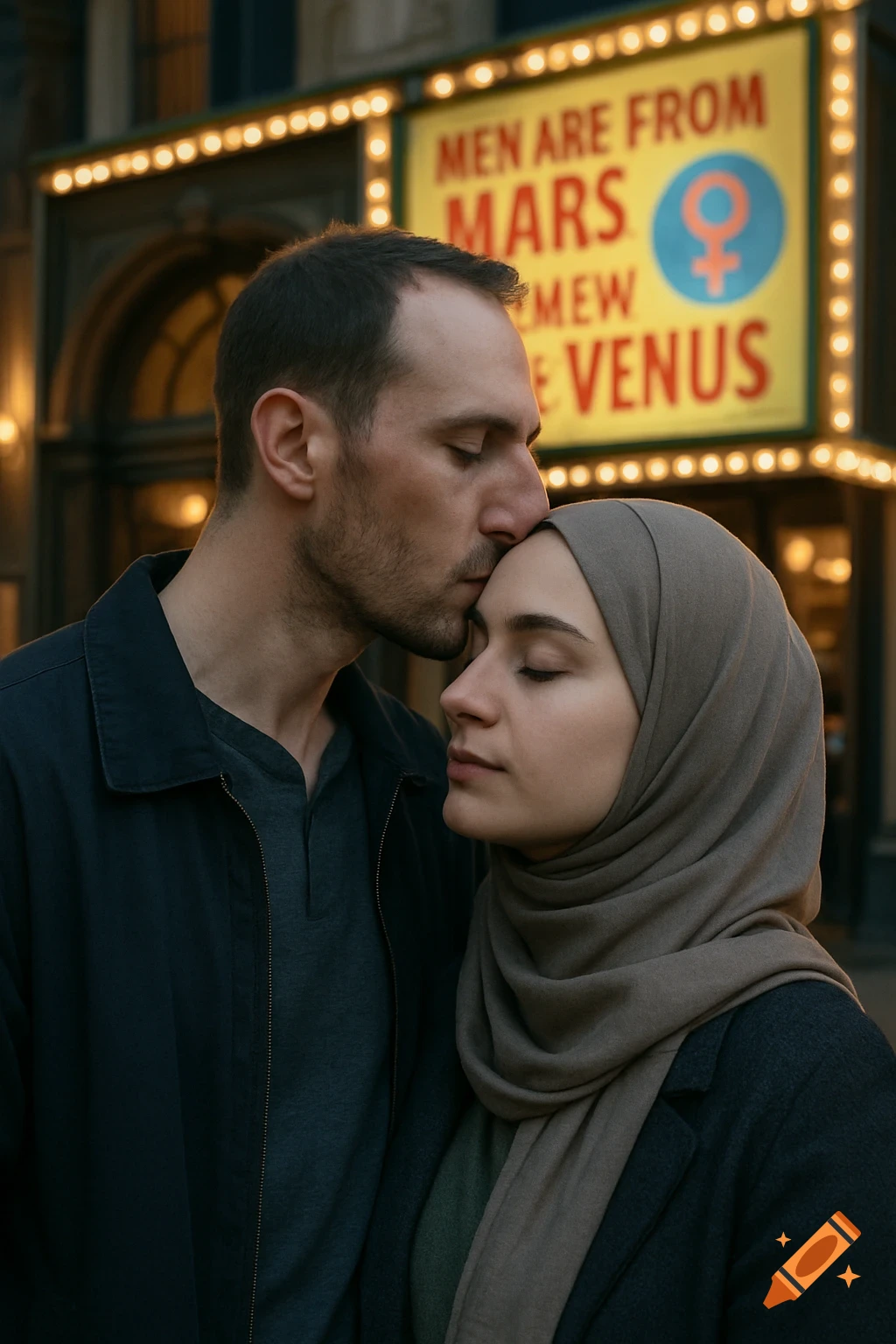 A man kisses a woman's forehead in front of a brightly lit theater sign at night. She wears a hijab.