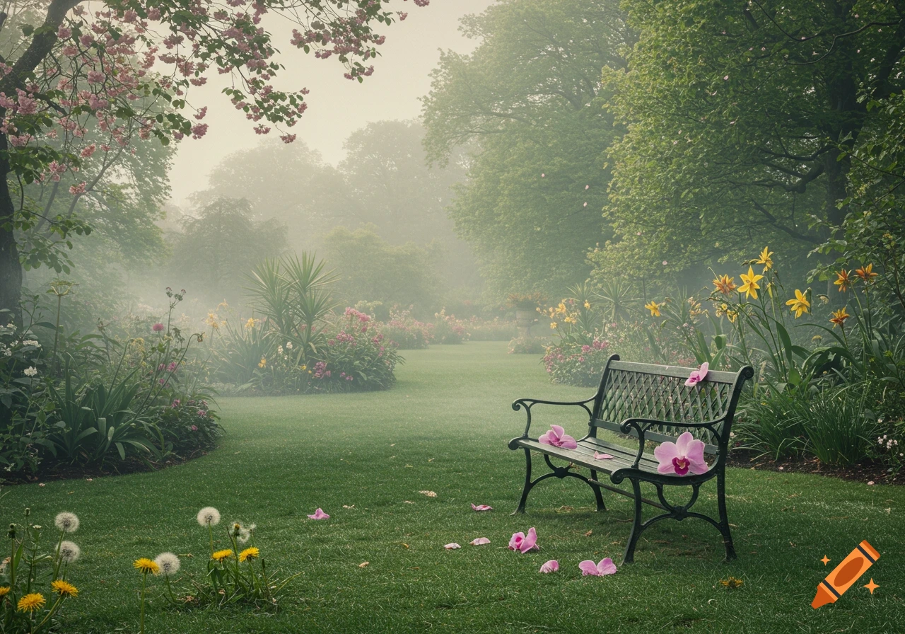 A misty garden with a black bench, pink orchids on the bench and grass, and various blooming flowers.