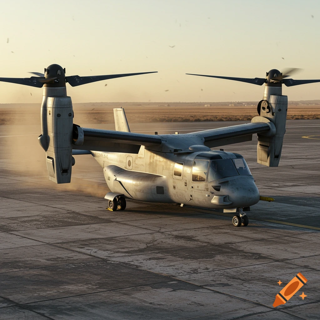 Photorealistic Bell-Boeing Osprey 4 VTOL military aircraft on a concrete runway at golden hour with rotor wash.