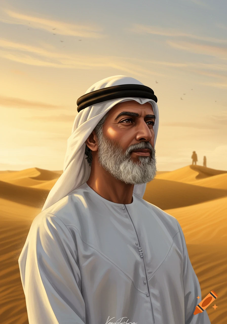 A stylized portrait of a man with a white ghutra and thobe, looking right, against a golden desert sunset.