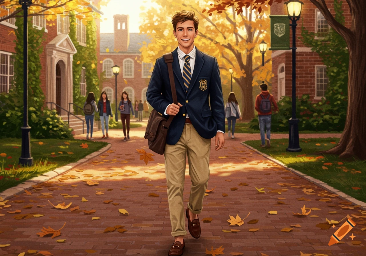 A preppy male college student in a blazer and khakis smiles while walking on a brick path through an autumn campus.