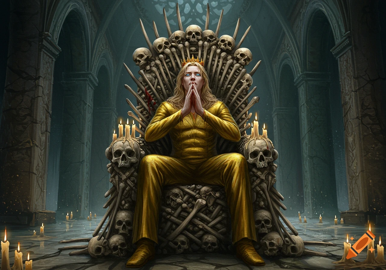 A blonde king in a gold suit sits on a throne made of skulls and bones, hands clasped in prayer, within a dark gothic palace with candles.