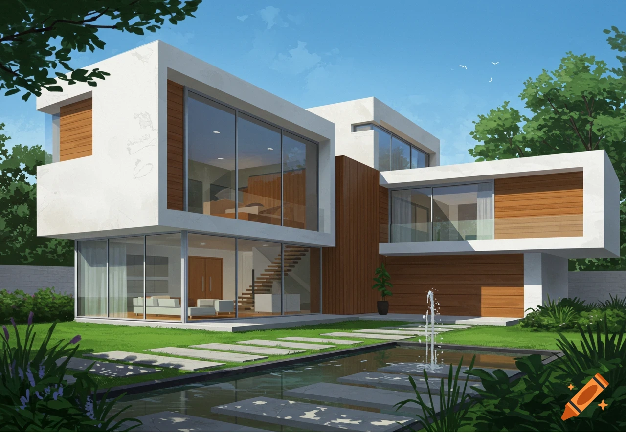 A modern house with a flat roof, large glass windows, and wooden accents, set in a green lawn with a reflective pond and a fountain.