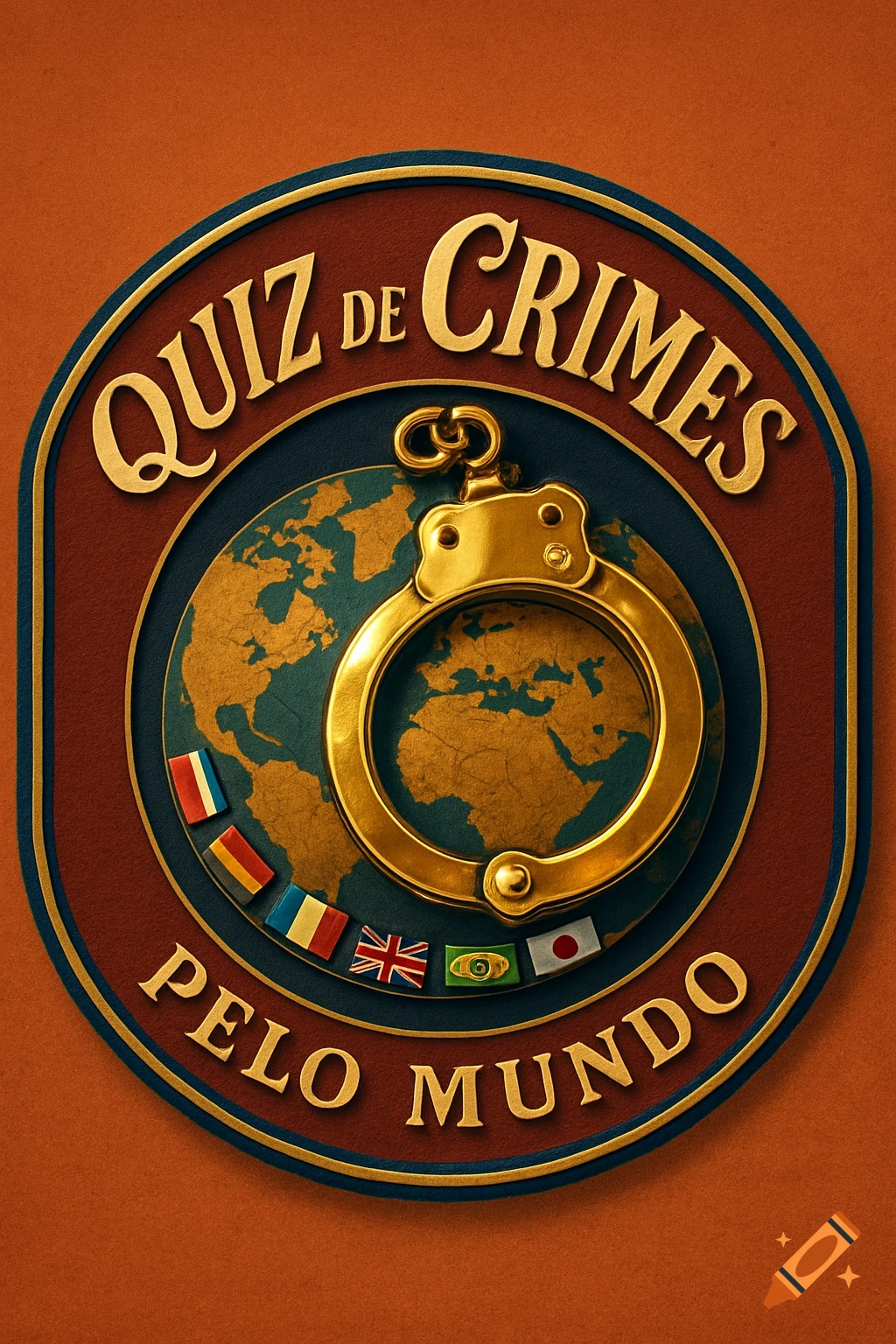 Vintage circular emblem for 'Quiz de Crimes pelo Mundo' with golden handcuffs, a globe, and flags on an orange and blue background.