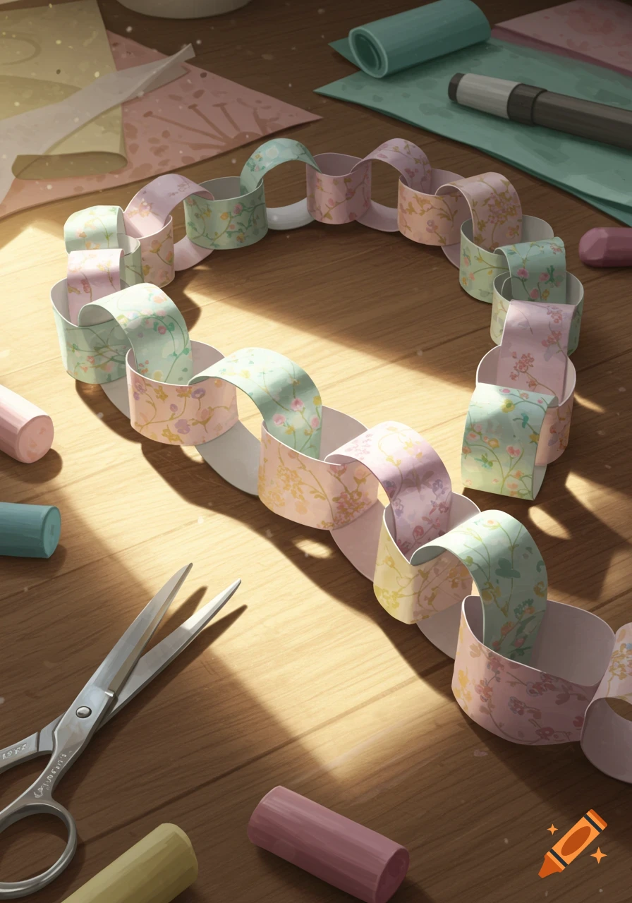 A colorful paper chain made from patterned paper on a wooden table with scissors, paper, and chalk.