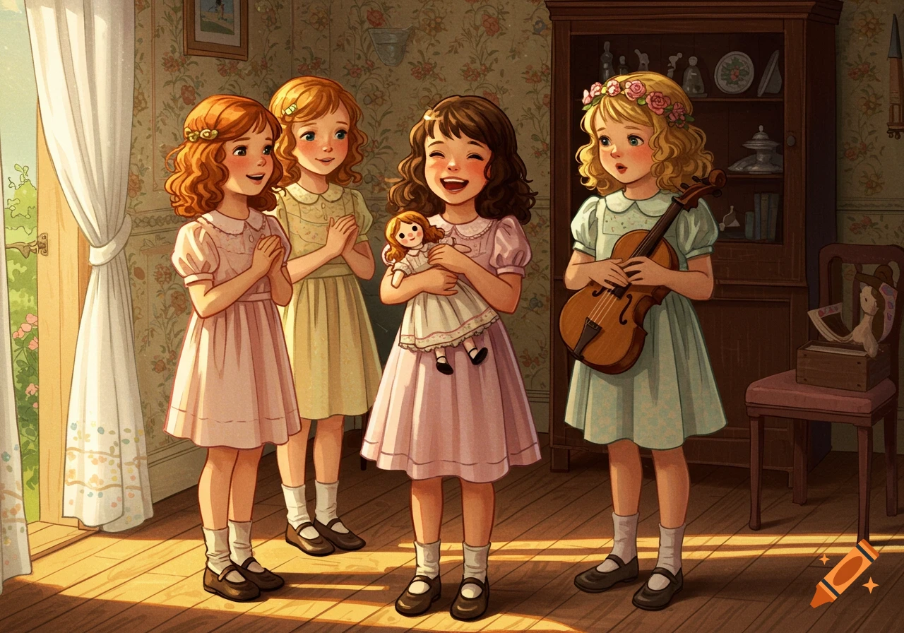 Four girls in a 1930s children's book illustration style. Two girls are singing to a third girl holding a doll, while a fourth girl holds a violin.