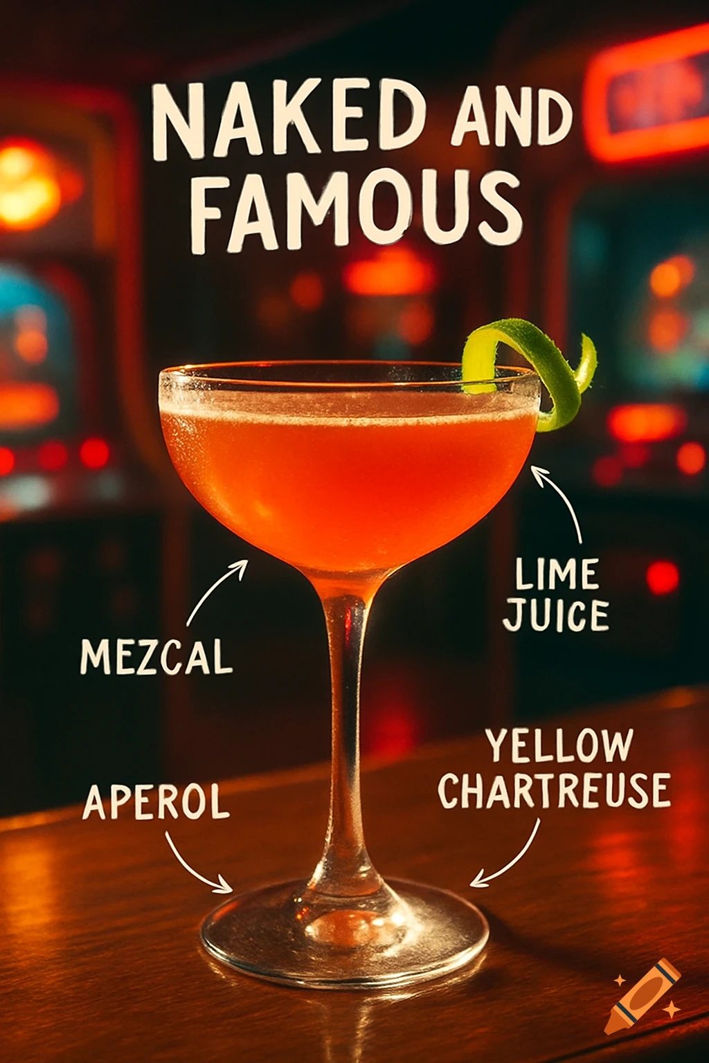 Photorealistic 'Naked and Famous' cocktail with a lime twist, labeled with ingredients mezcal, Aperol, lime juice, and yellow chartreuse, in a 1980s-style bar.