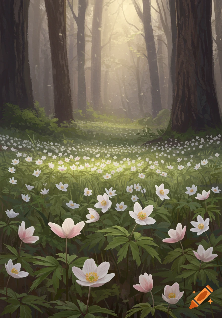 A sunlit forest floor blanketed with white wood anemone flowers, surrounded by tall trees in a painted style.