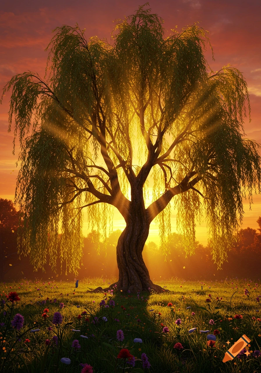 A majestic willow tree stands in a field of colorful wildflowers, bathed in the golden light of a vibrant sunset, with sun rays beaming through its branches.