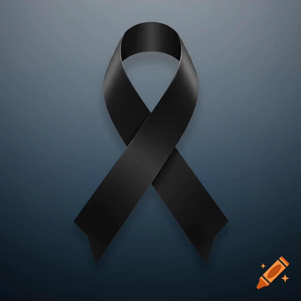 A black ribbon symbol tied in a loop against a dark blue-grey gradient background.