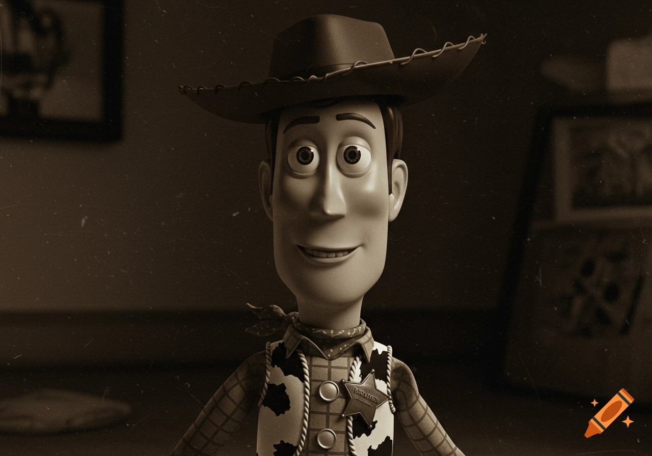 A sepia-toned, grainy close-up of Woody from Toy Story, with a slightly distorted face, wearing his cowboy hat and sheriff badge.