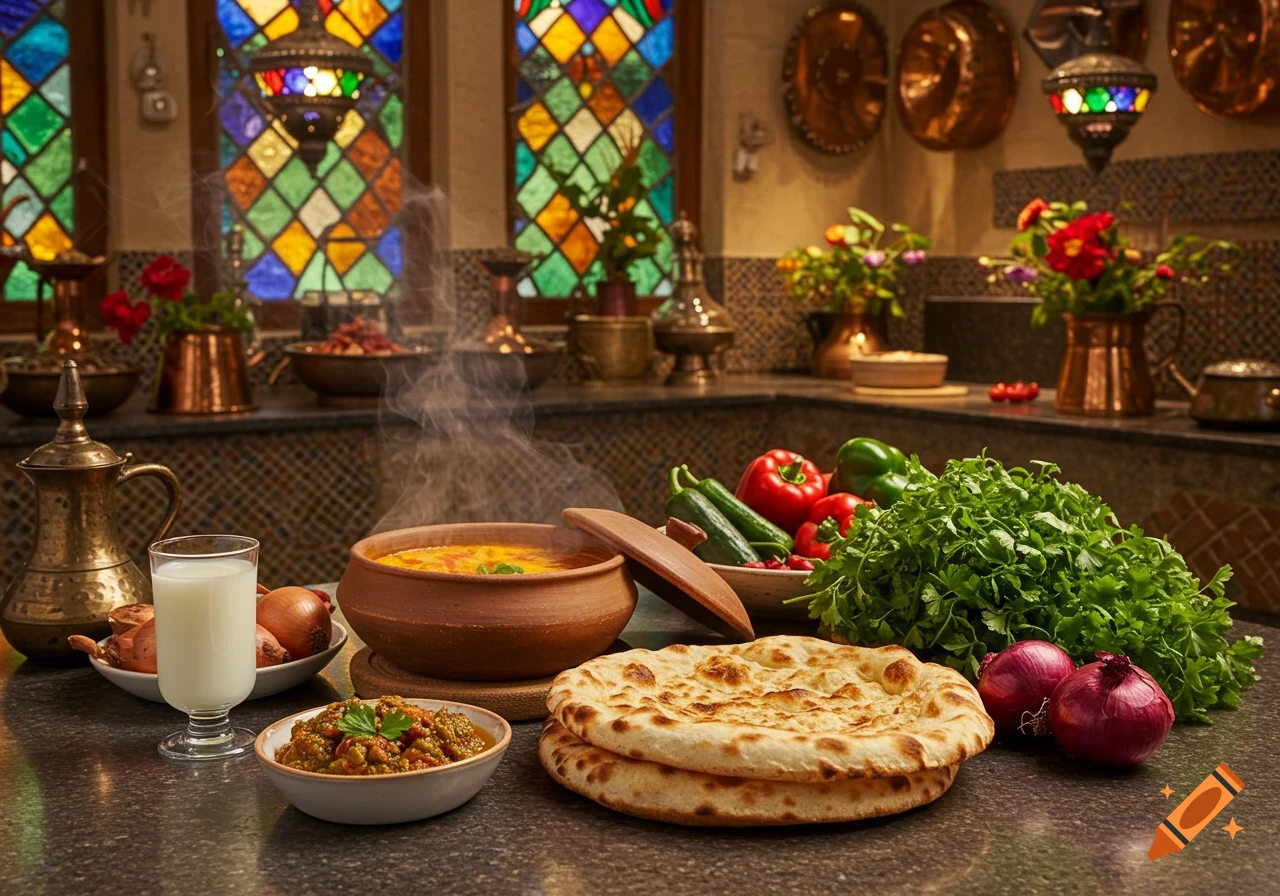 Photorealistic traditional Persian kitchen counter with hot Dizi, Sangak bread, fresh herbs, onions, yogurt drink, and vegetables, with stained-glass windows.