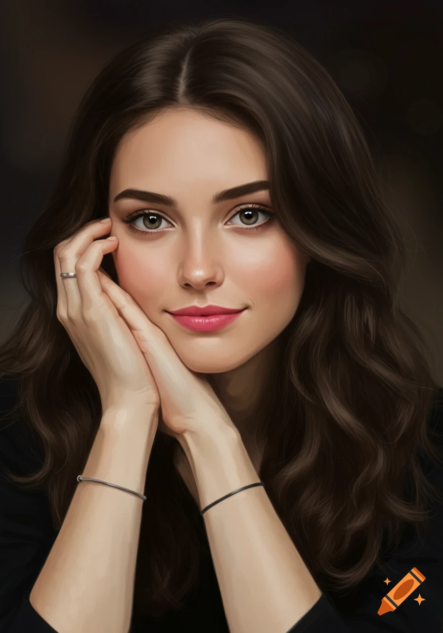 Digital painting of a young woman with long brunette hair, pink lipstick, gently smiling, with hands clasped under her chin.