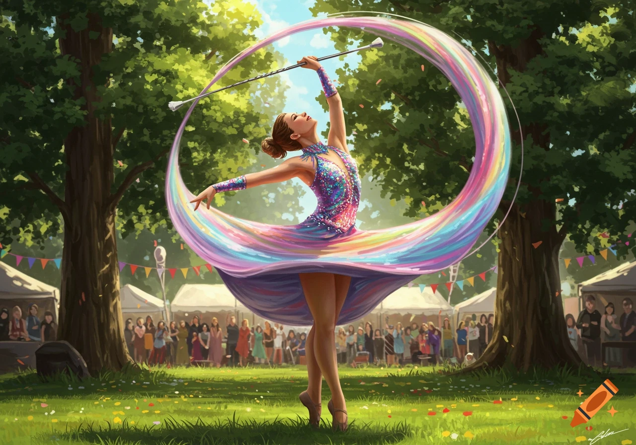 A woman in a sparkly rainbow dress twirls a baton, creating a colorful ribbon trail, in a vibrant outdoor park scene with a crowd.
