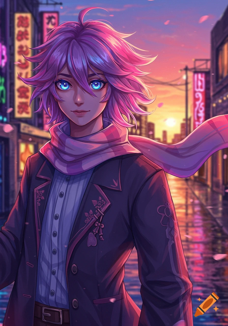Anime character with bright pink hair and blue eyes, wearing a scarf and jacket, stands on a wet city street at sunset with neon lights.