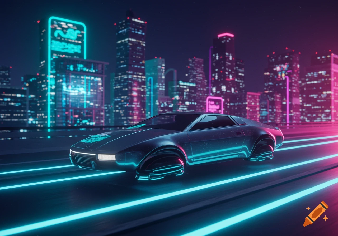 A sleek futuristic car with neon lights speeds on a highway through a neon-lit cyberpunk city at night.