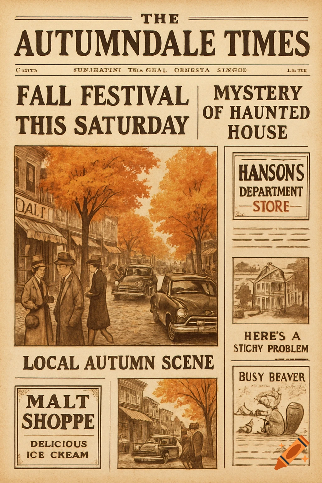A vintage-style newspaper front page, 'The Autumndale Times,' features headlines about a fall festival and a haunted house, with illustrations of an autumn street scene and a beaver.